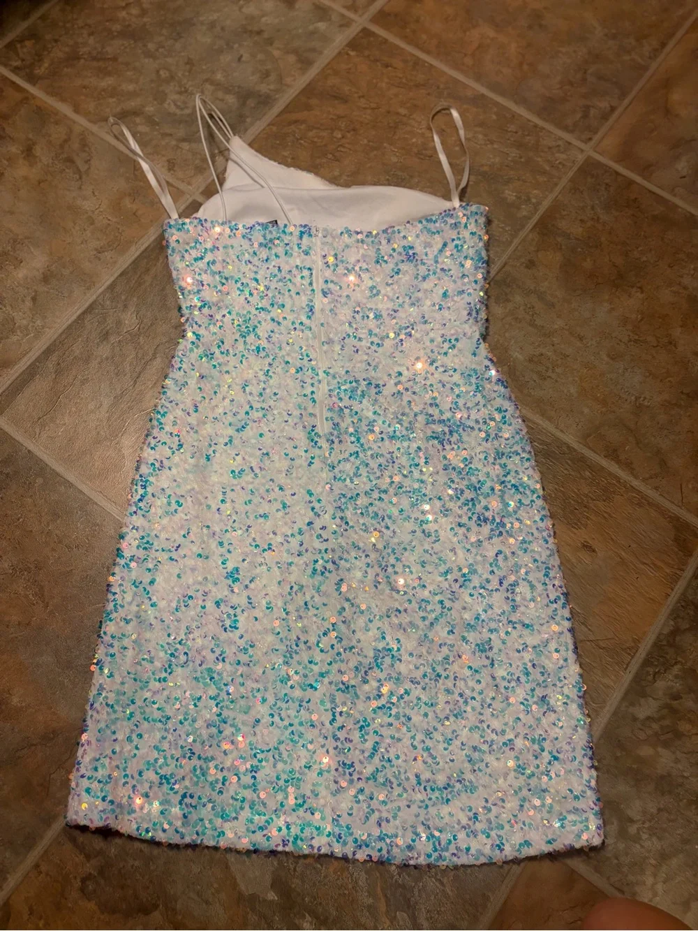 Windsor Sequin One-Shoulder Mini Dress in Iridescent White-Blue Med - Picture 4 of 5